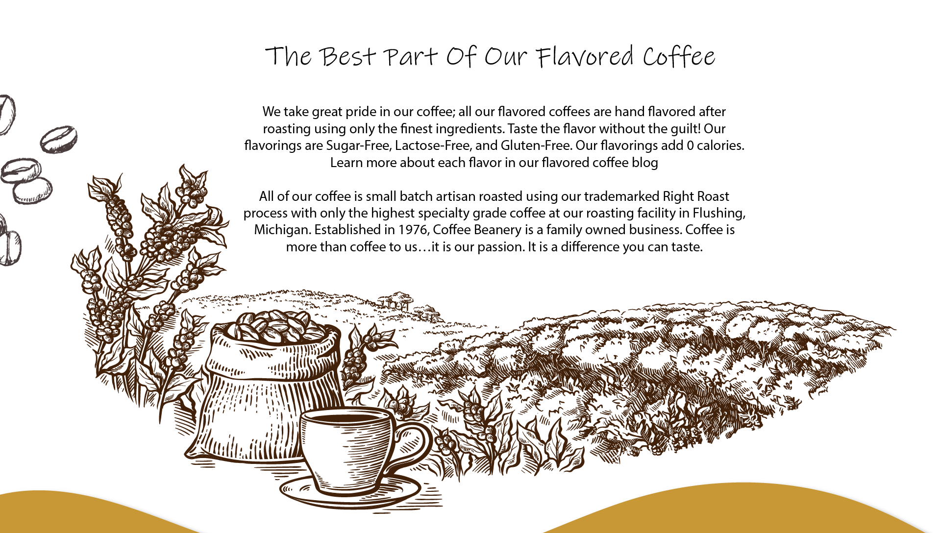 We take great pride in our coffee; all our flavored coffees are hand flavored after roasting using only the finest ingredients.